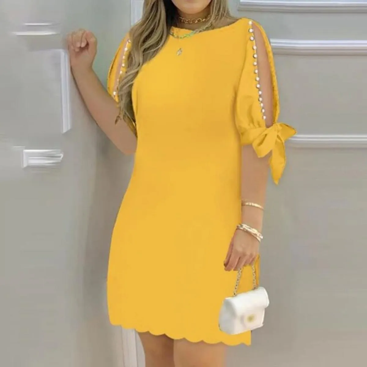 Abito a vita alta all'anca donna 2024 estate elegante festa manica corta abito formale Occas abbigliamento femminile Vestido min