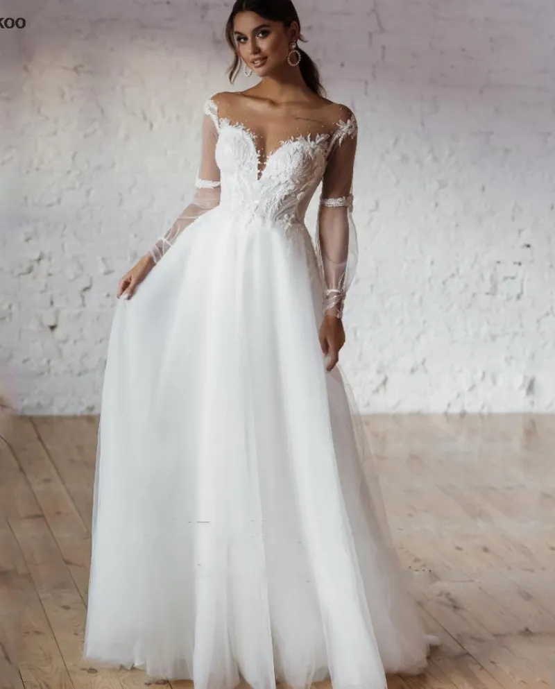 Abito da sposa scollo a V spiaggia 2022 Appliques in pizzo A Line Tulle Sle lungo