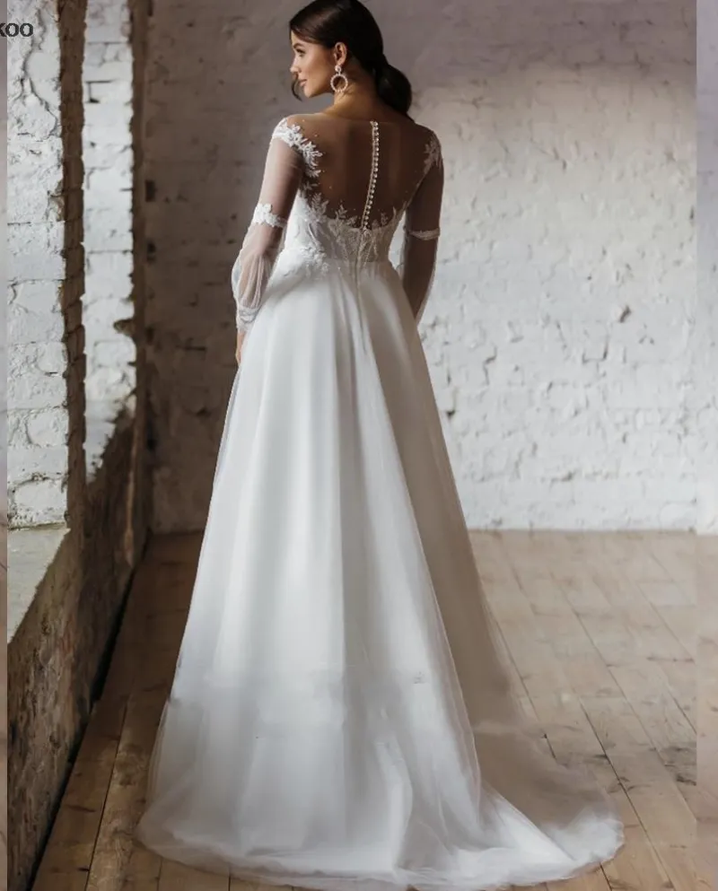Abito da sposa scollo a V spiaggia 2022 Appliques in pizzo A Line Tulle Sle lungo