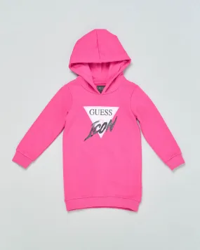 Abito maxi felpa fucsia in cotone con cappuccio e logo Icon glitterato 3-7 anni