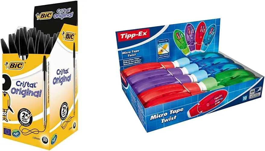 BIC Penne Blu a Sfera, Cristal Original, Punta Media, 1 mm, Confezione 50 Penne + Correttore a Nastro, Micro Tape Twist, Bianche