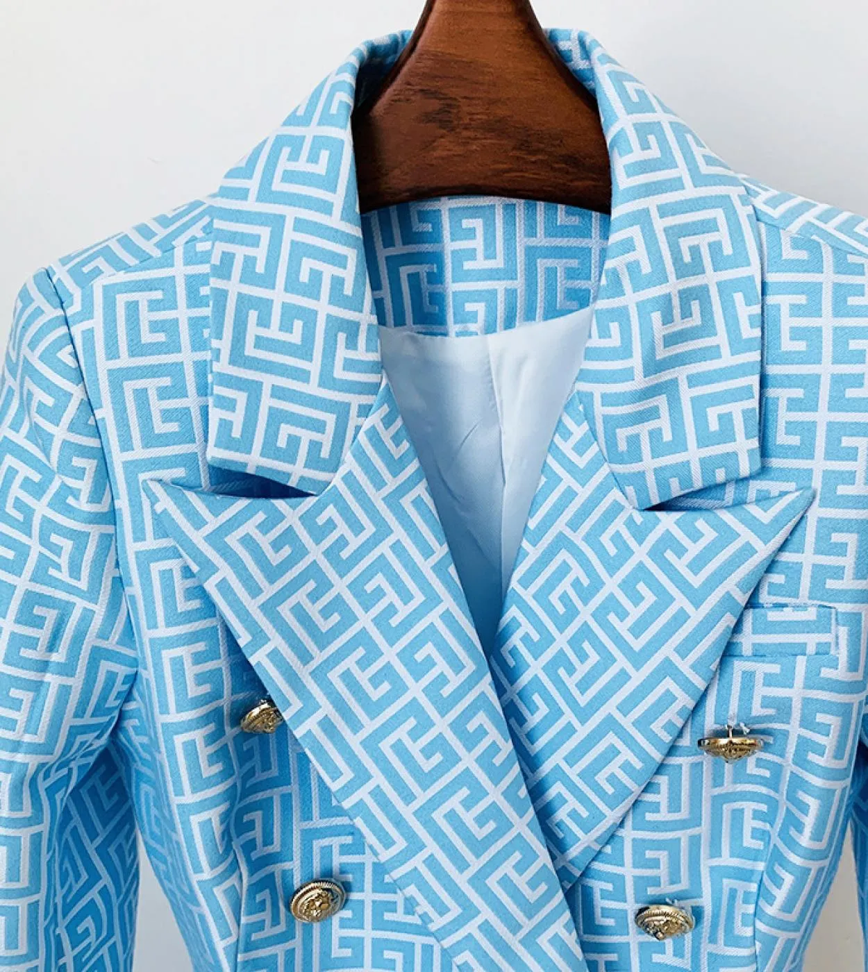 Blazer Suit Donna Giacca scozzese jacquard geometrica blu cielo Bottone leone in metallo Doppio petto Slim Office Ladies Fashion