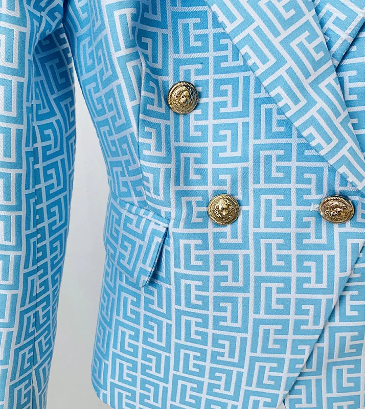 Blazer Suit Donna Giacca scozzese jacquard geometrica blu cielo Bottone leone in metallo Doppio petto Slim Office Ladies Fashion