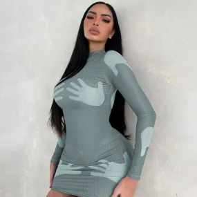 E stile abbigliamento da donna all'ingrosso 2023 autunno nuovo girocollo manica lunga stampa palmo abito da strada avvolgente