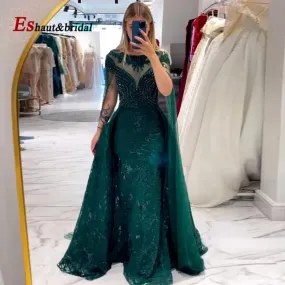 Elegante abito da sera da sera in pizzo a sirena verde per donna 2023 O collo in cristallo maniche lunghe a mantella formale fes