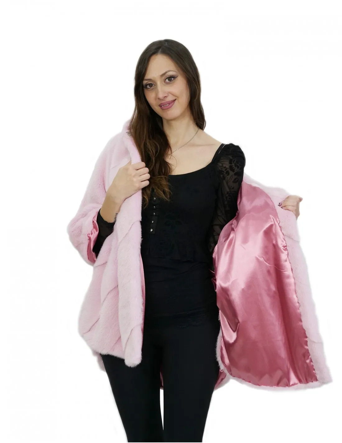 Pelliccia visone taglia 48 rosa chiaro mantella lungo 76 centimetri cappuccio donna 