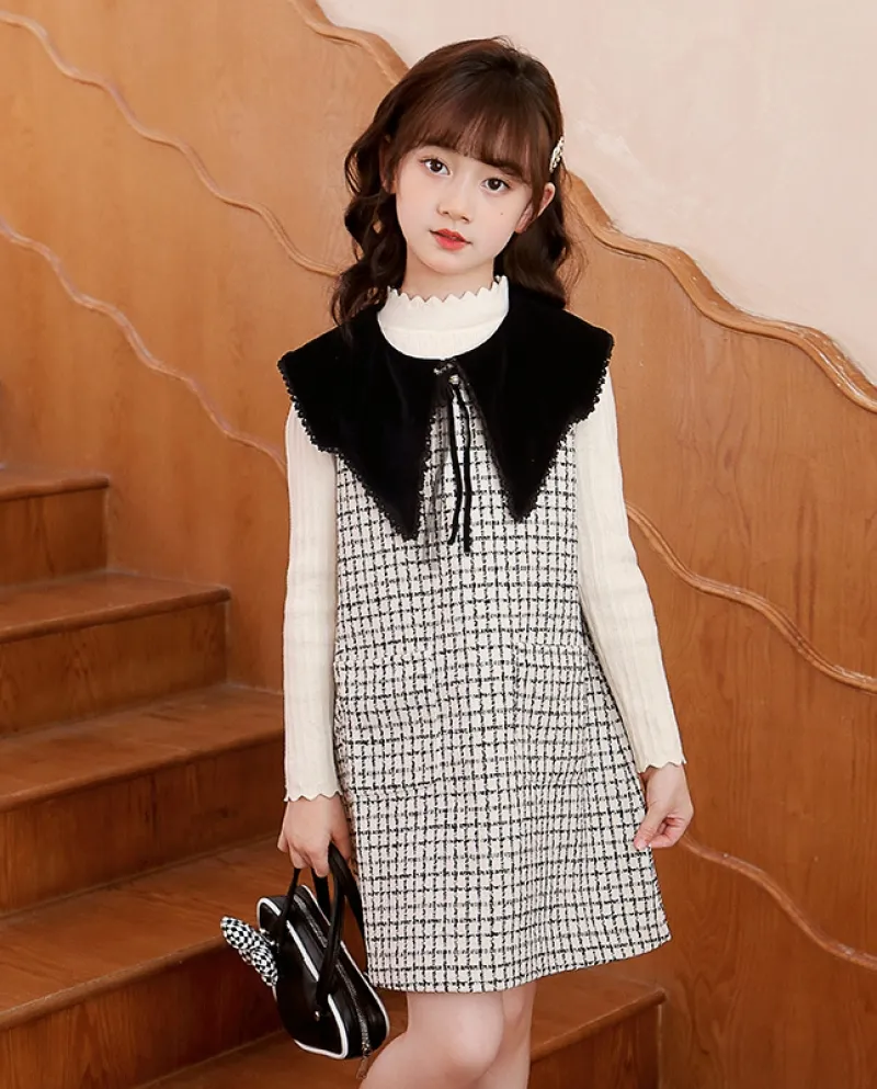 Vestiti per ragazze Autunno Nuovo maglione sopra il ginocchio Gilet pied de poule Abito in due pezzi